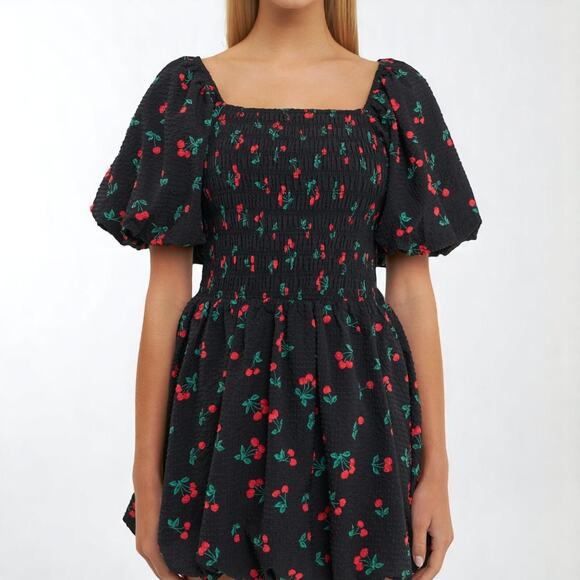 English Factory Size Large Cherry Print Smocked Dress Fit & Flare Puff Sleeve - Picture 1 of 11